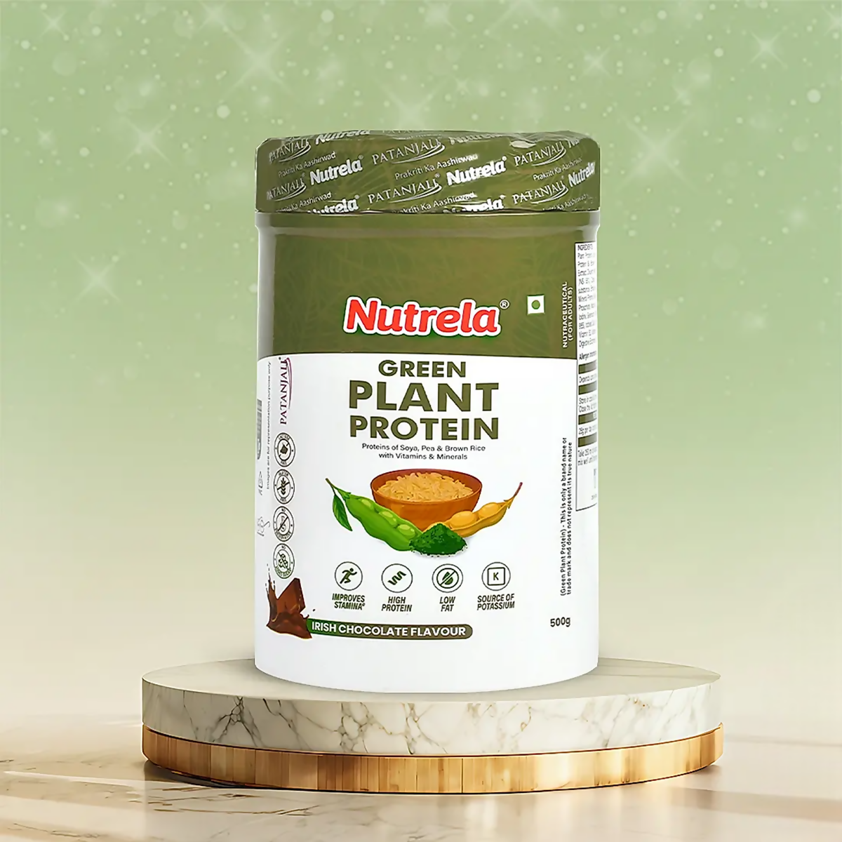 Patanjali Nutrela Green Plant Protein Ayurvedic powder in chocolate flavor, showing the resealable bag for healthy plant-based nutrition.