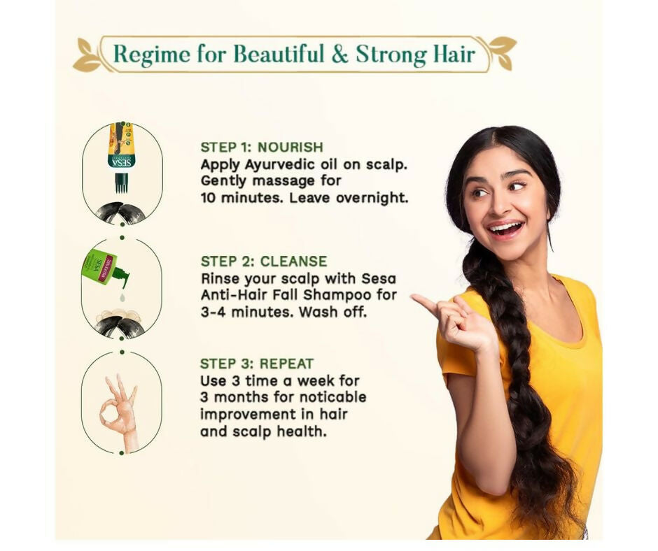 Sesa Ayurvedic Hair Oil bottle with herbal ingredients and traditional packaging for nourishing hair and scalp.