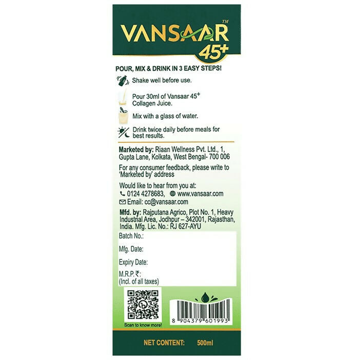 Vansaar 45+ Collagen Juice in a clear glass, showing the golden-colored Ayurvedic drink with fresh herbs on a wooden table.