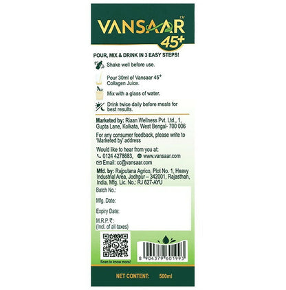 Vansaar 45+ Collagen Juice in a clear glass, showing the golden-colored Ayurvedic drink with fresh herbs on a wooden table.