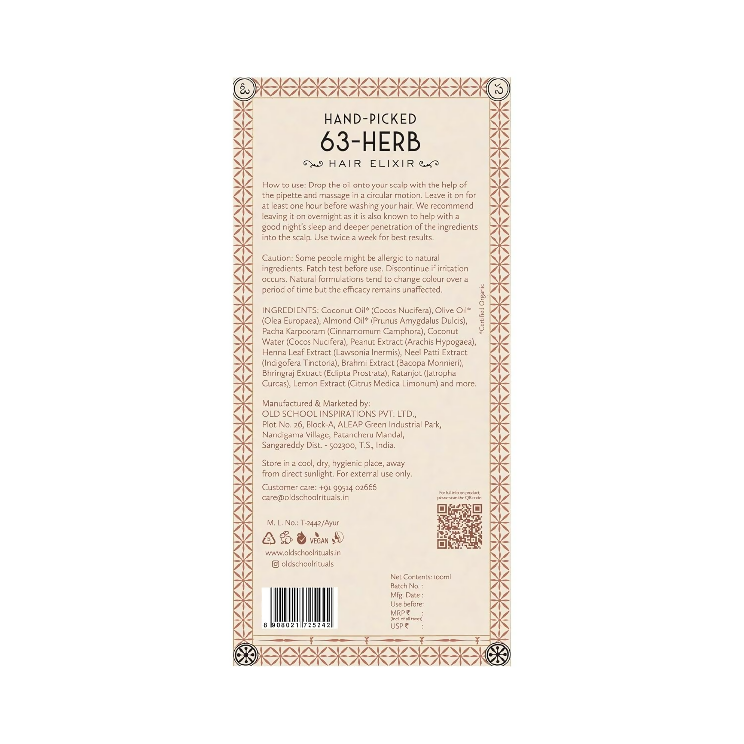 Old School Rituals 63-Herb Hair Elixir bottle of all-natural hair oil designed to promote strong, healthy hair growth.