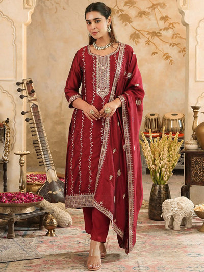 Indyancart IE Women Ethnic Motifs Embroidered Sequinned Kurta with Trousers & Dupatta