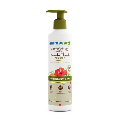 Mamaearth Kerala Thaali Shampoo bottle with label, showcasing natural ingredients and eco-friendly packaging.