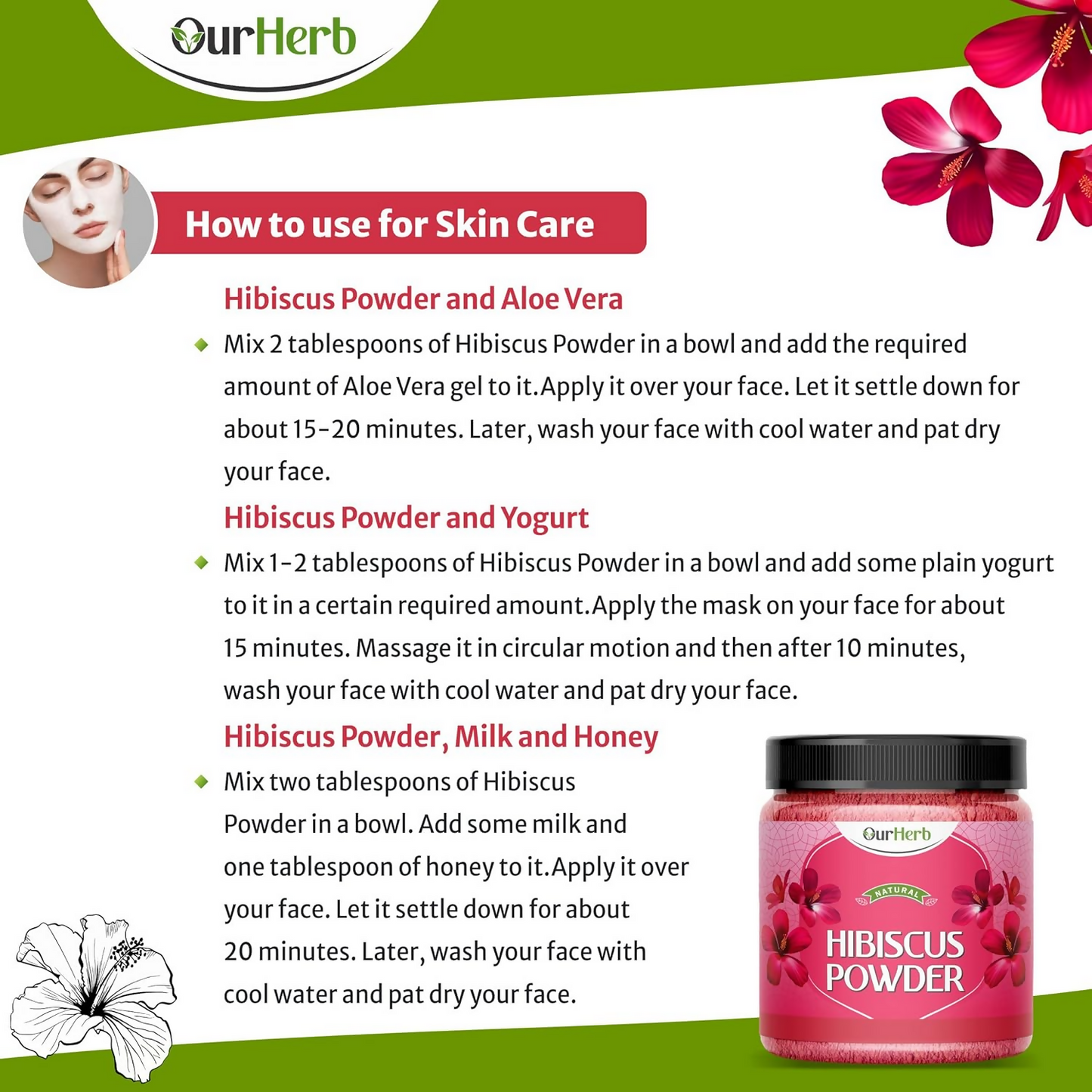 OurHerb Hibiscus Flower Powder face pack and hair mask in a bowl, suitable for all hair types and skin, with vibrant hibiscus flowers.