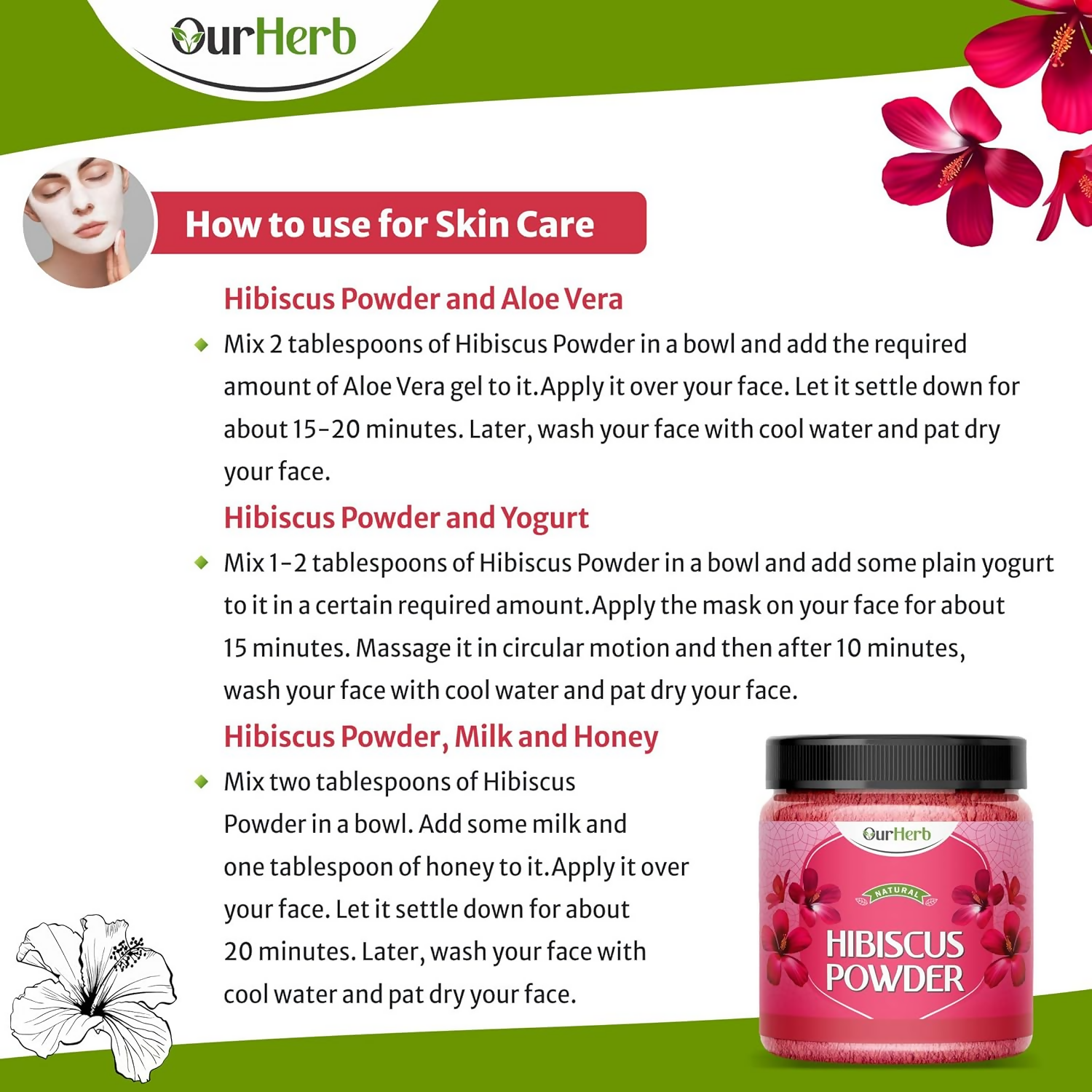 OurHerb Hibiscus Flower Powder face pack and hair mask in a bowl, suitable for all hair types and skin, with vibrant hibiscus flowers.