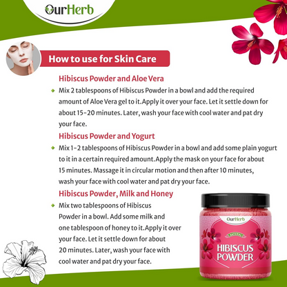 OurHerb Hibiscus Flower Powder face pack and hair mask in a bowl, suitable for all hair types and skin, with vibrant hibiscus flowers.