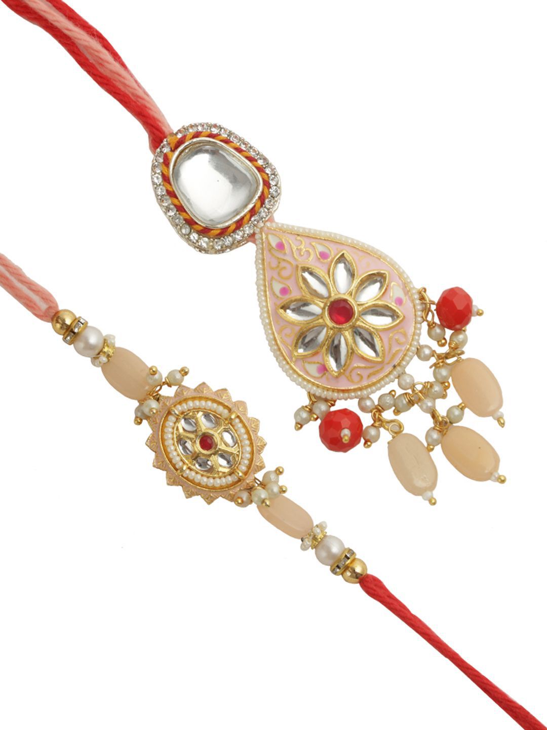 Anouk Red Stone Studded & Beaded Bhaiya Bhabhi Thread Rakhis With Roli Chawal