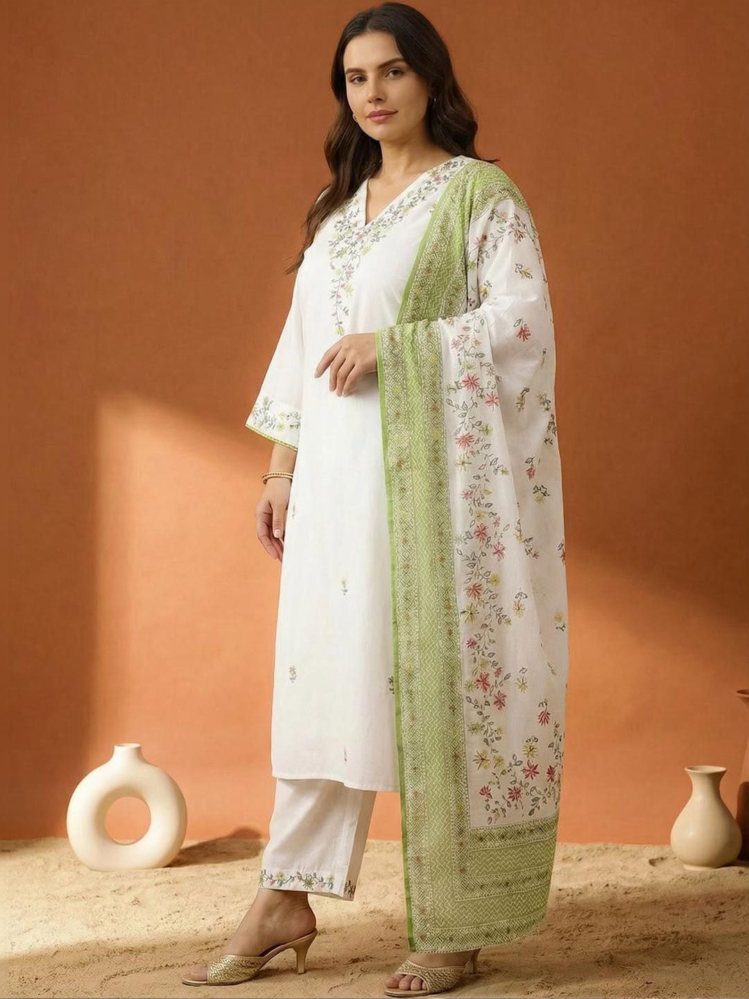 Indyancart Women's Floral Embroidered Regular Thread Work Pure Cotton Kurta with Trousers & With Dupatta