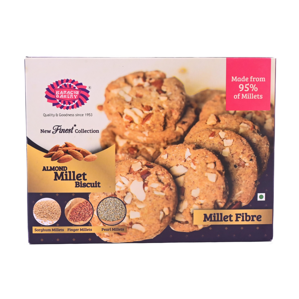 Karachi Bakery almond millet biscuits in a package, showing golden almond-filled cookies with millet texture on top.