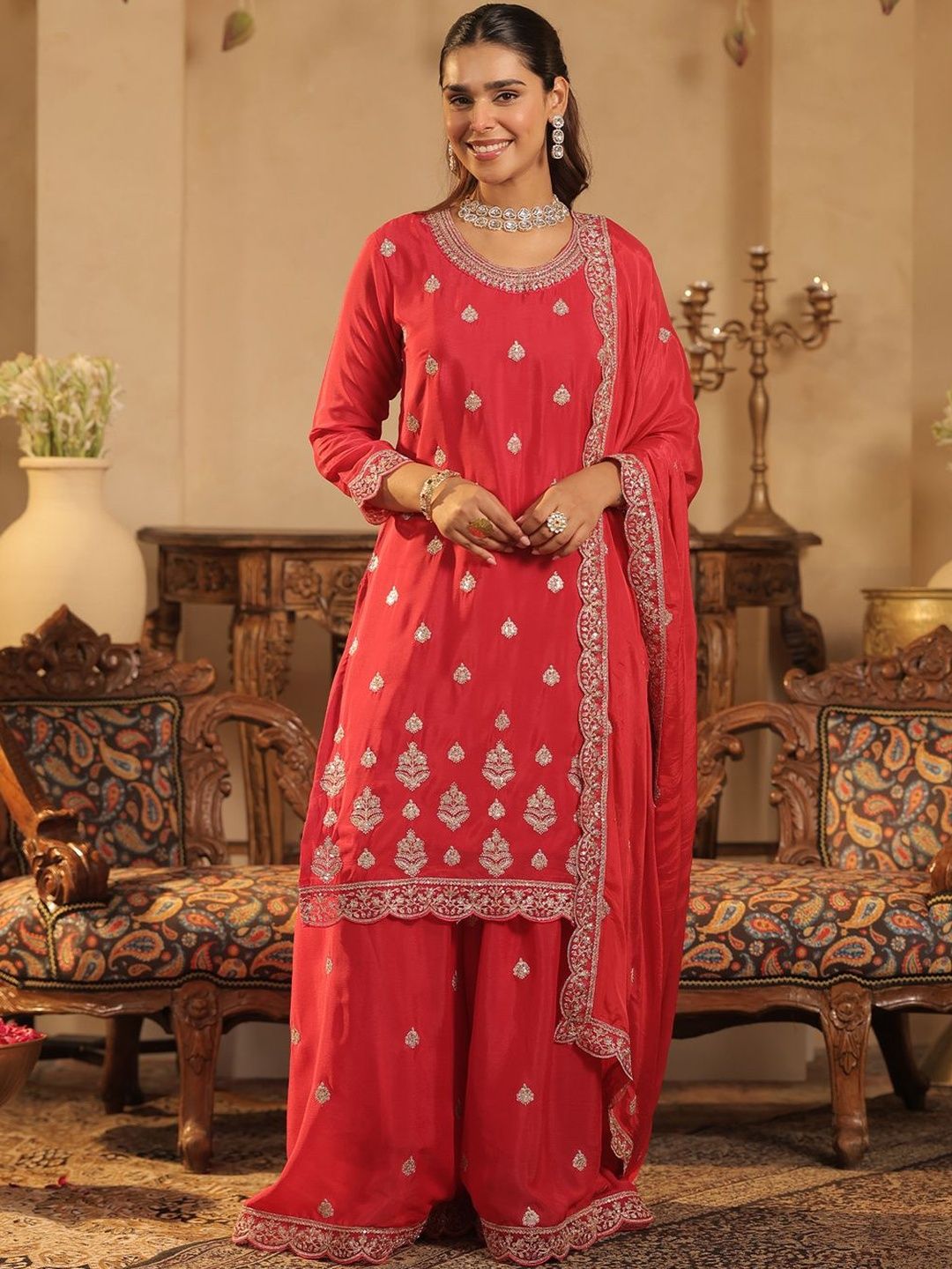 Ethnic Motifs Embroidered Straight Chinon Kurta & Palazzos With Dupatta