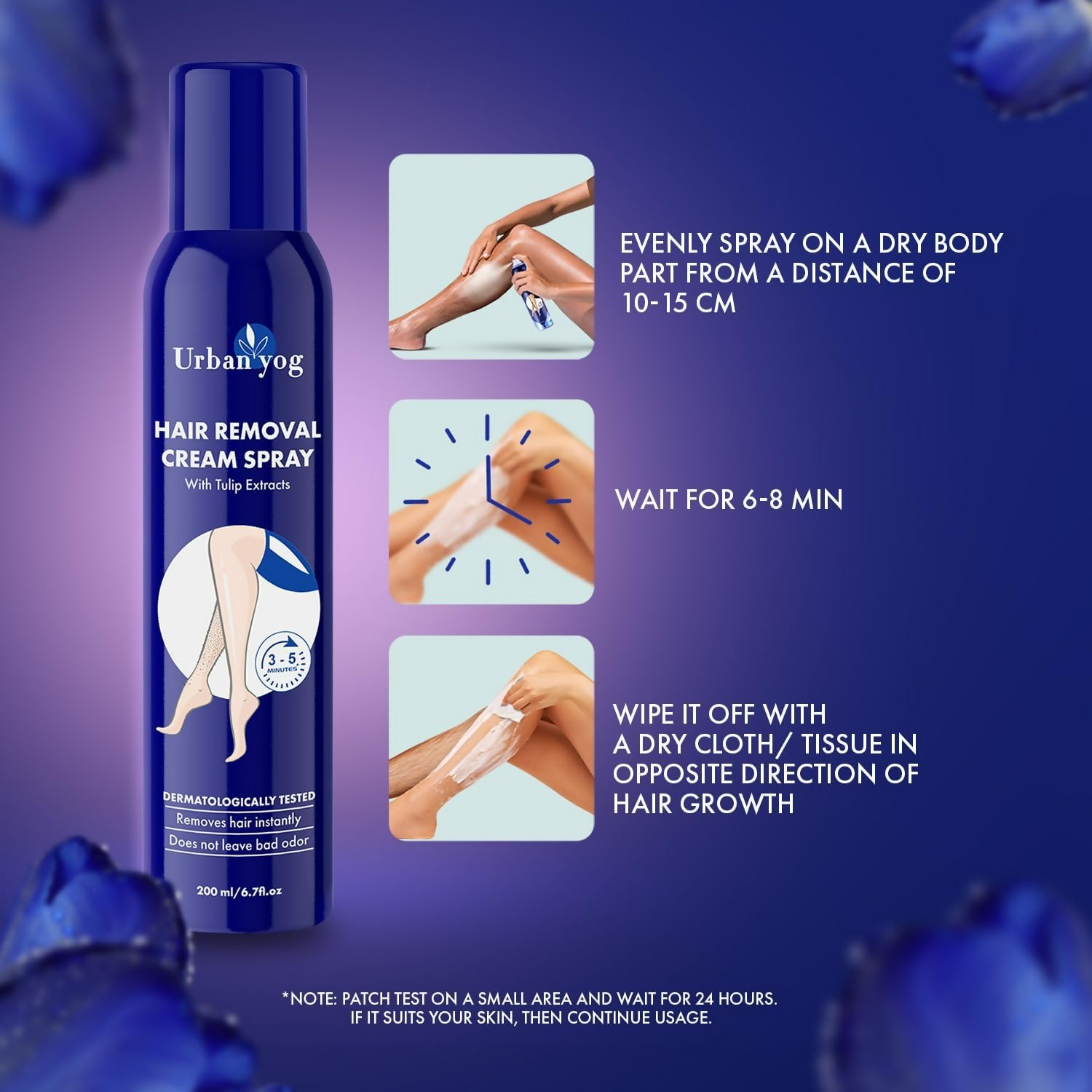 Urban Yog hair removal cream spray for women, showing the product bottle with spray nozzle and label on a white background.