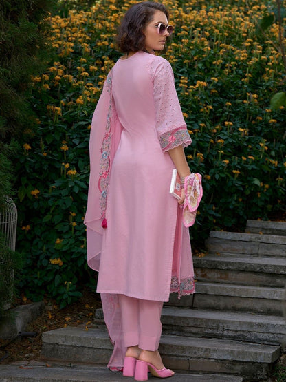 Women Floral Embroidered Regular Thread Work Pure Cotton Kurta with Trousers & With Dupatta