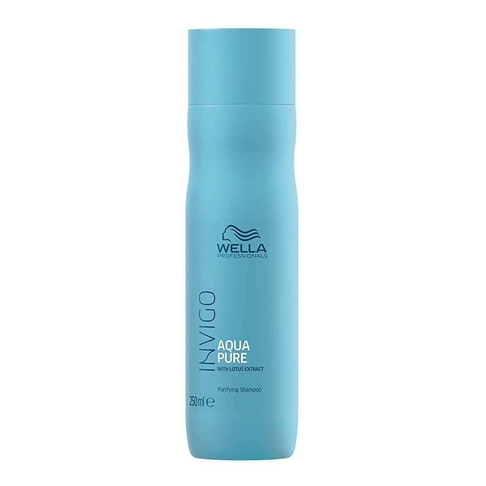 Wella Professionals INVIGO Balance Aqua Pure Purifying Shampoo bottle with white and blue packaging on a white background.