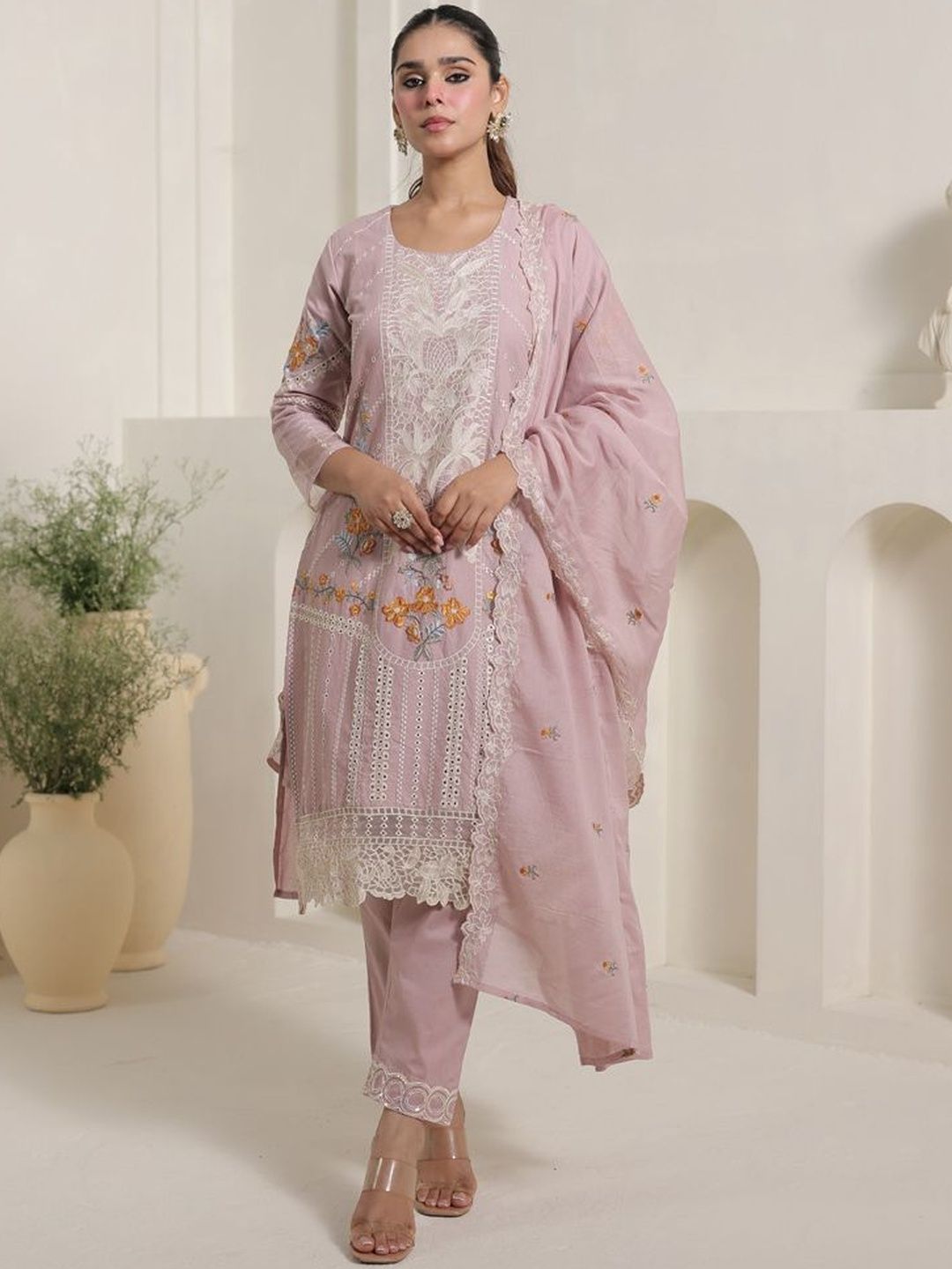 Women Ethnic Motifs Embroidered Regular Thread Work Pure Cotton Kurta with Trousers & With Dupatta