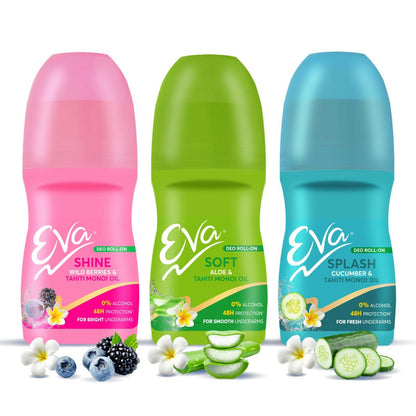 Eva Underarm Roll-On Deodorant for women, brightening and smoothing underarms, alcohol and aluminum free, in a compact applicator.
