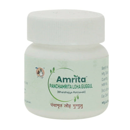 Amrita Panchamrita Loha Guggul Ayurvedic tablets in a bottle, traditional herbal supplement for health and wellness.