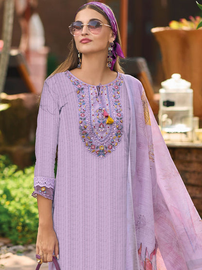 Indyancart IE Lavender Floral Embroidered Tie Up Neck Pure Cotton Kurta with Trousers & Dupatta