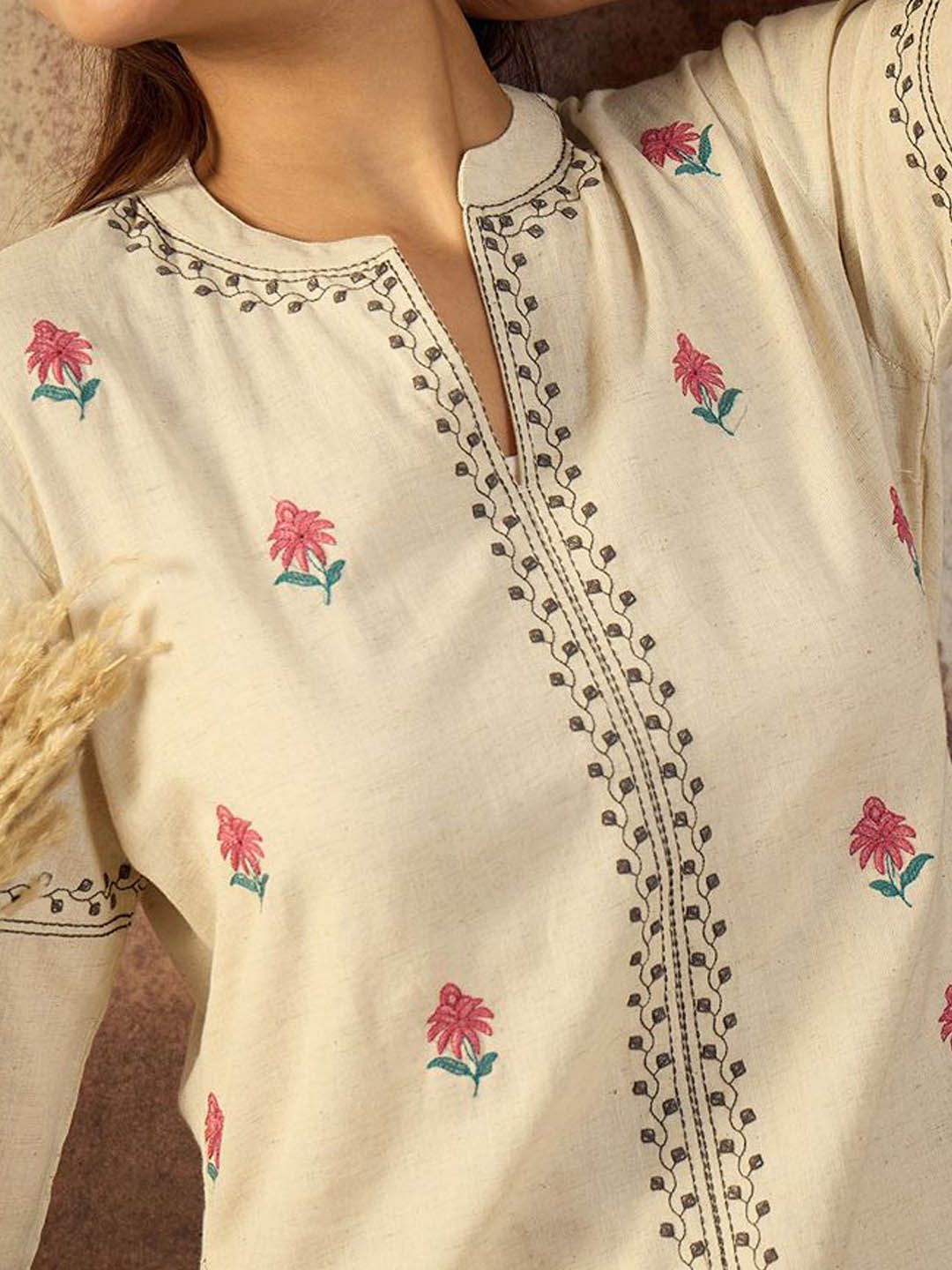 Dhiyona IE Embroidered Pure Cotton Mandarin Collar Neck Top With Trousers A-Line Co-Ords
