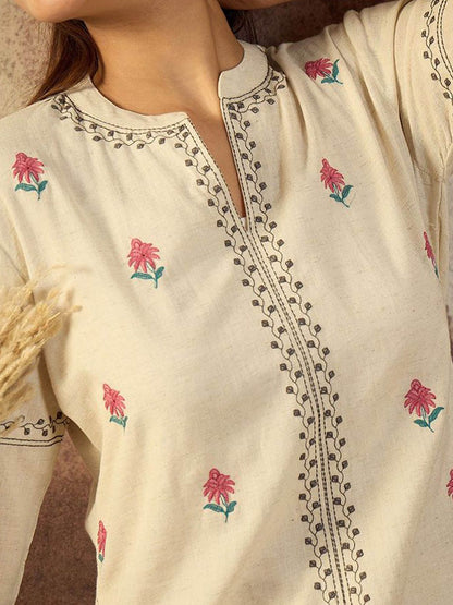 Dhiyona IE Embroidered Pure Cotton Mandarin Collar Neck Top With Trousers A-Line Co-Ords