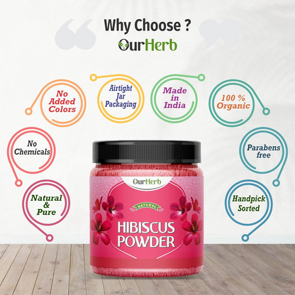 OurHerb Hibiscus Flower Powder face pack and hair mask in a bowl, showcasing vibrant hibiscus petals and powder for all hair types.