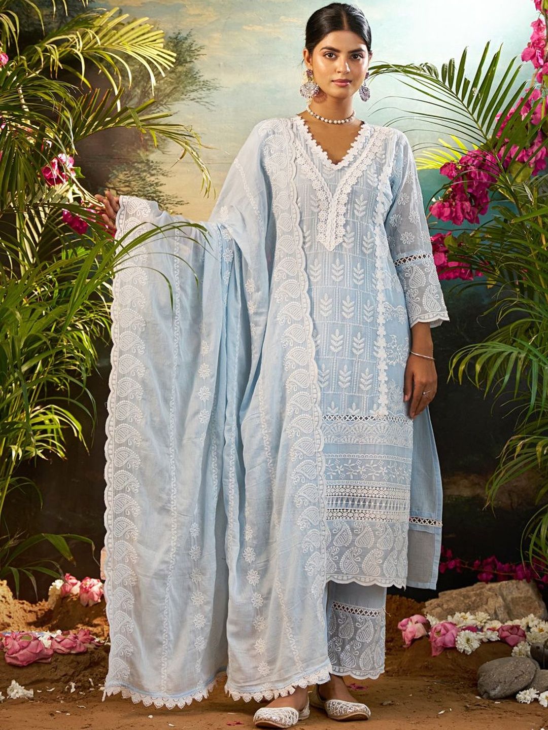 Women Ethnic Motifs Embroidered Regular Chikankari Pure Cotton Kurta with Trousers & With Dupatta