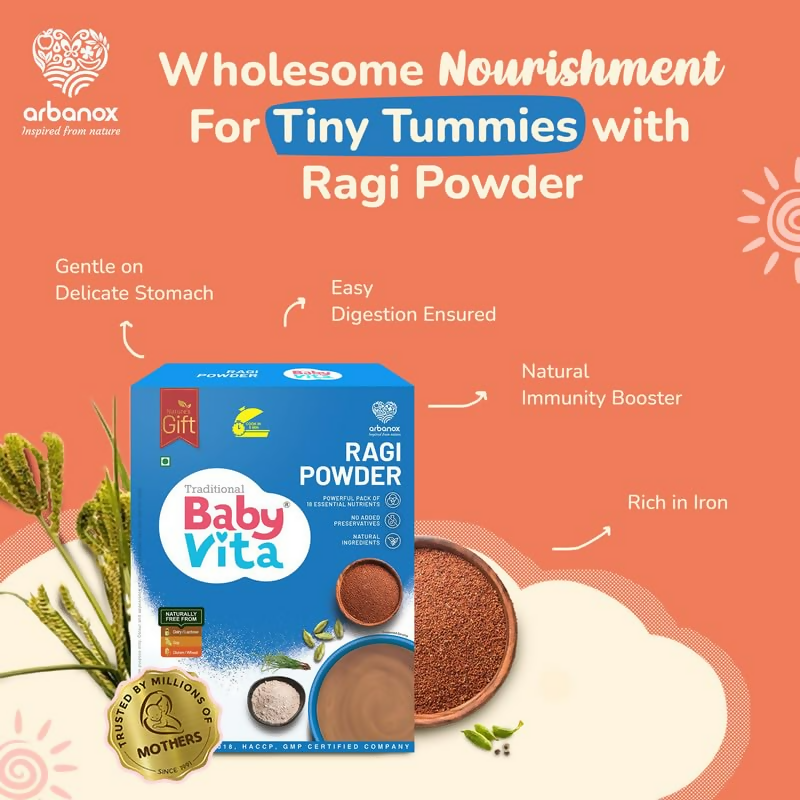 Babyvita Arbanox Ragi Powder baby milk formula in a can, nutrient-rich blend for infants, with a scoop and packaging visible.