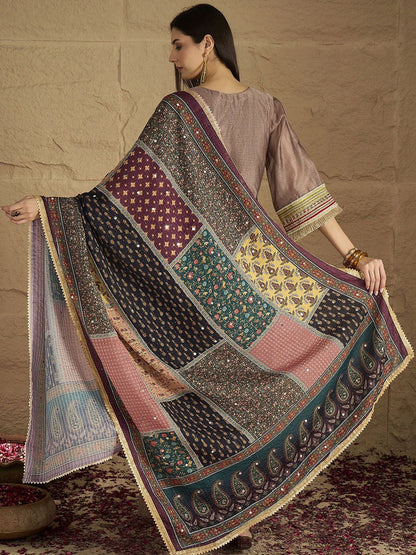 Indyancart VA Ethnic Motifs Yoke Design V-Neck Straight Kurta With Palazzos & Dupatta