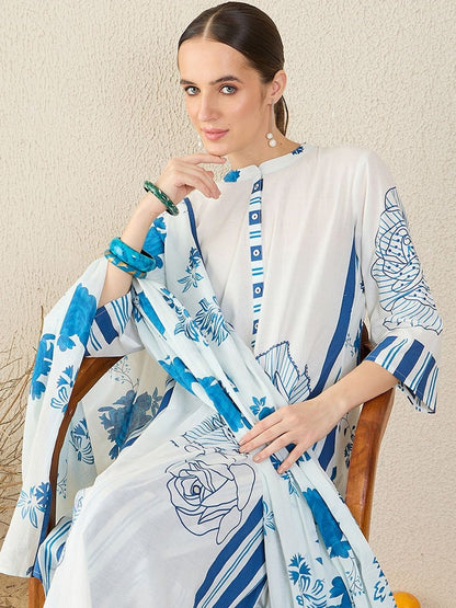 Floral Printed Pure Cotton Kurta With Trouser & Dupatta