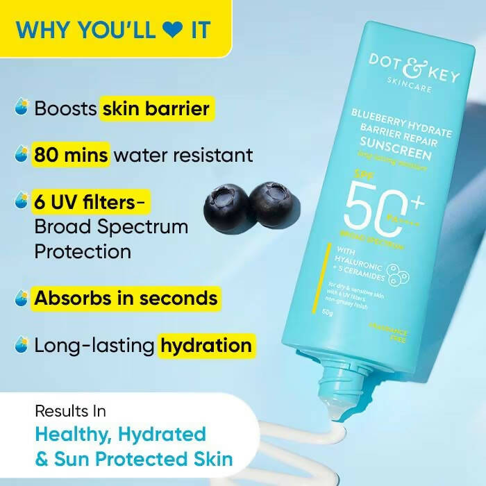 Dot & Key Blueberry Hydrating Barrier Repair Sunscreen SPF 50+ with hyaluronic acid and ceramides, showing the sunscreen tube and blueberry extract.