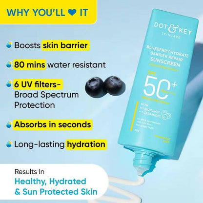 Dot & Key Blueberry Hydrating Barrier Repair Sunscreen SPF 50+ with hyaluronic acid and ceramides, showing the sunscreen tube and blueberry extract.