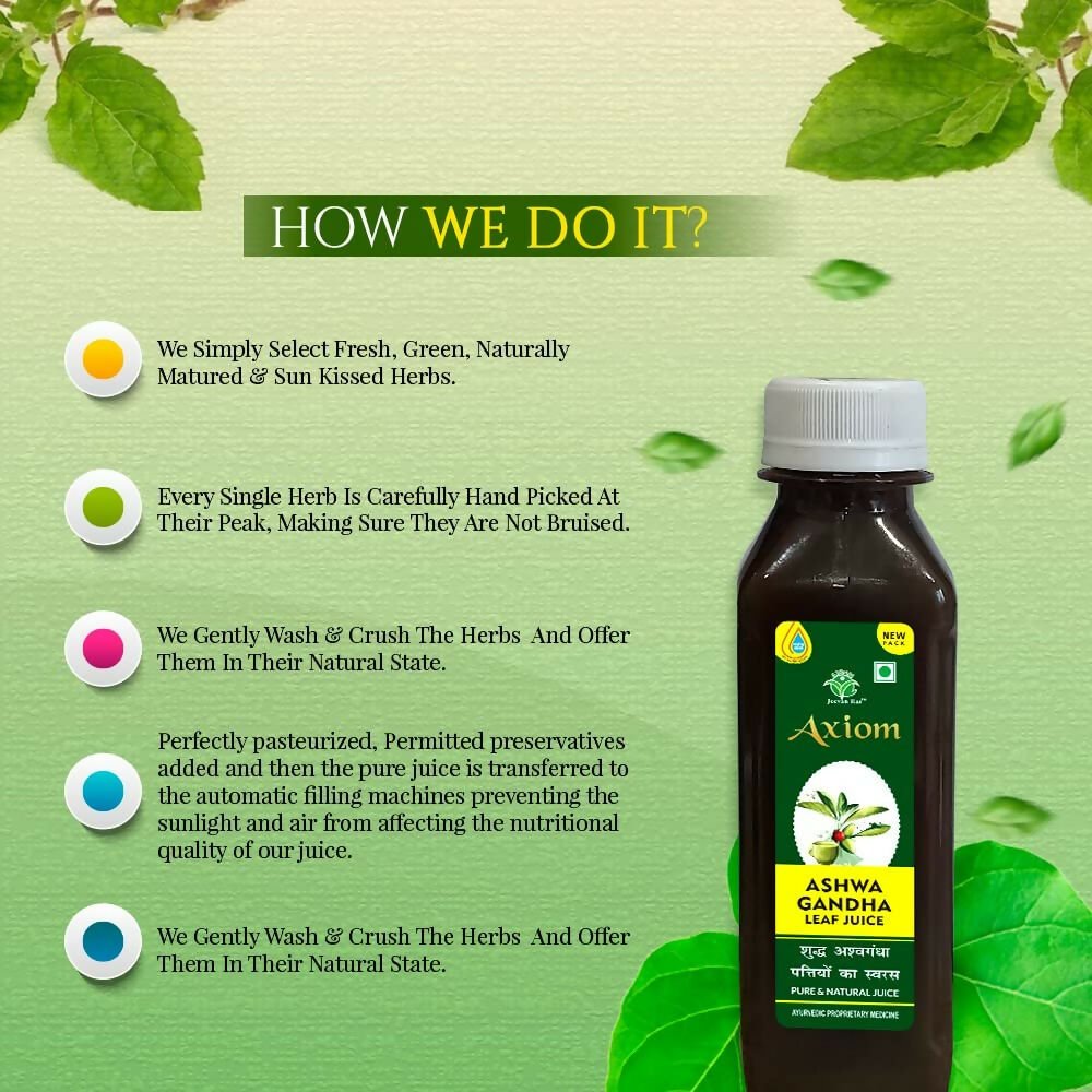 Axiom Ashwagandha leaf juice bottle, natural Ayurvedic drink with fresh green leaves and herbal ingredients.