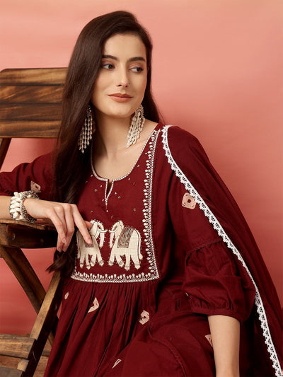 Indyancart SN Women's Embroidered 100% Cotton Anarkali Kurta & Trouser With Dupatta