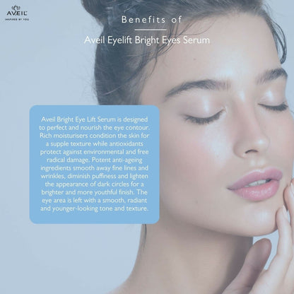 Aveil Eye Lift Under Eyes Serum showing a sleek bottle and applicator for smoothing fine lines and wrinkles around the eyes.