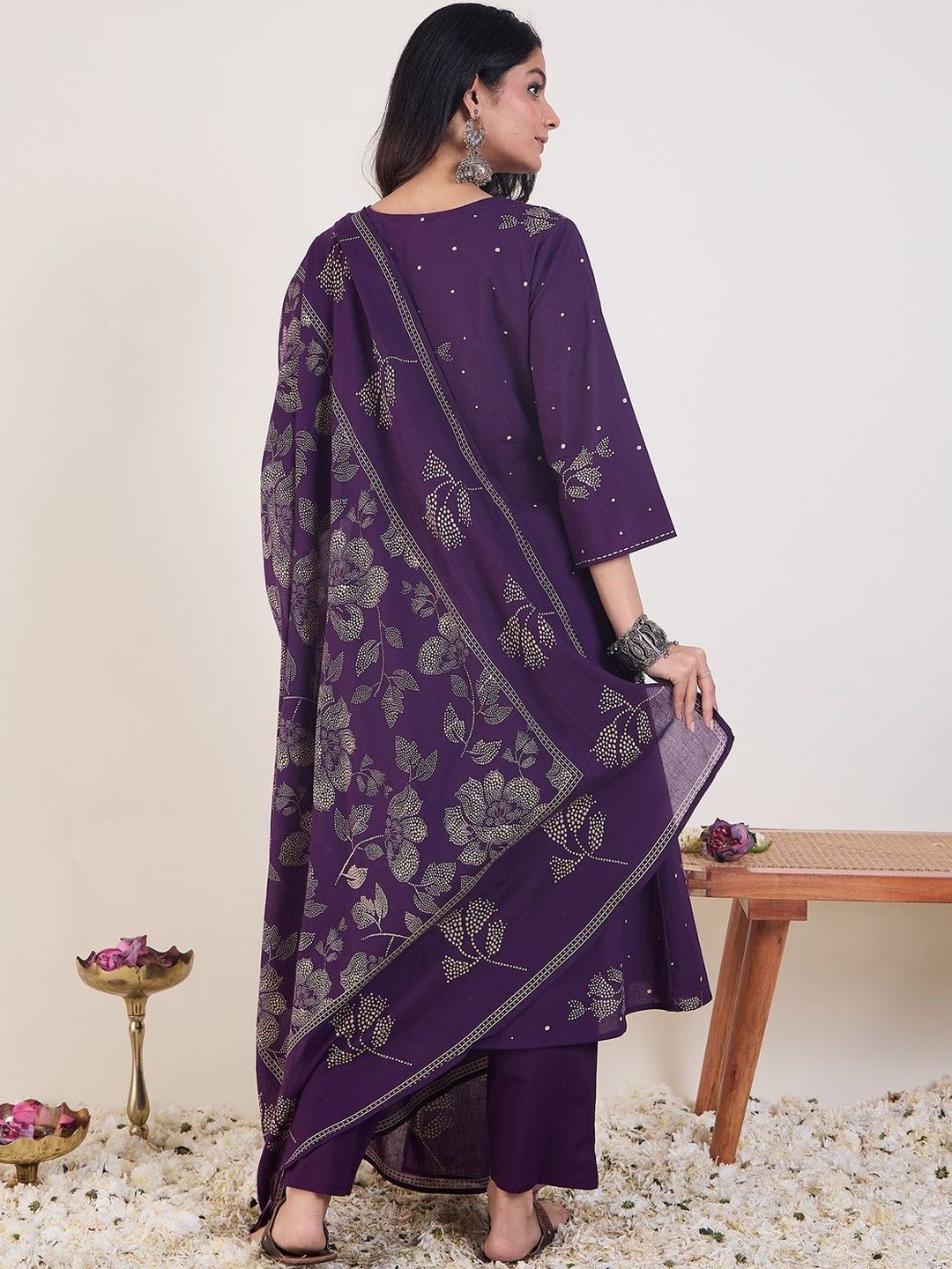 Floral Printed A-Line Pure Cotton Kurta With Trousers & Dupatta