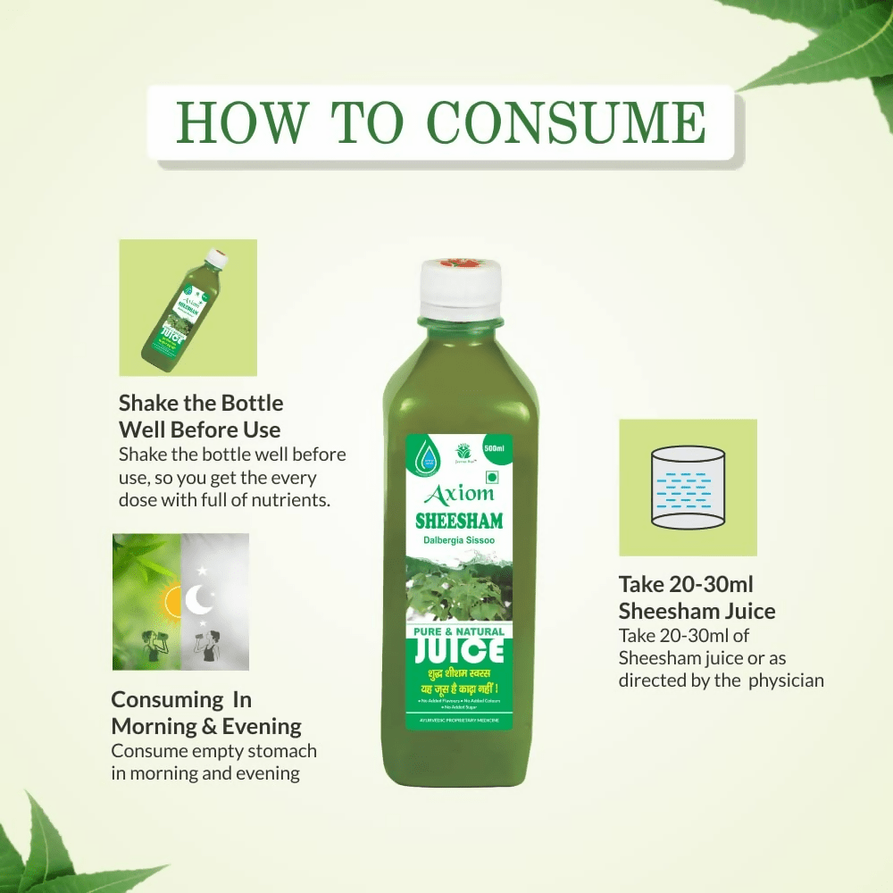 Axiom Sheesham Juice in a glass bottle, showcasing the Ayurvedic drink with a label indicating Axiom brand and natural ingredients.