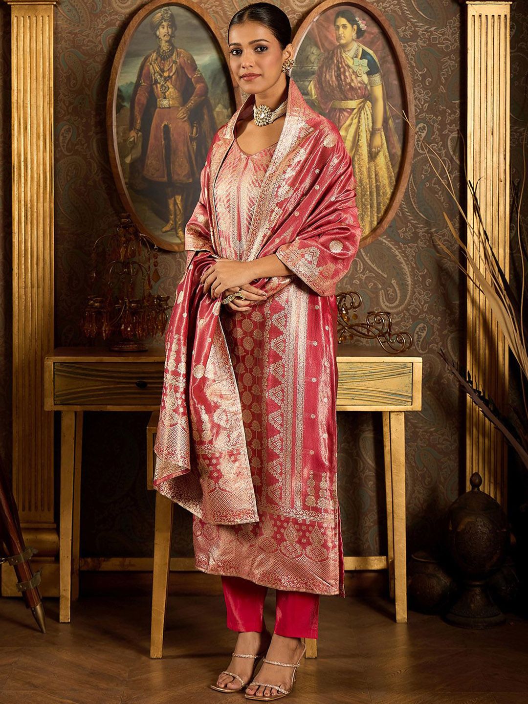 Dhiyona IE V-Neck Ethnic Motifs Woven Design Straight Kurta with Trouser & Dupatta