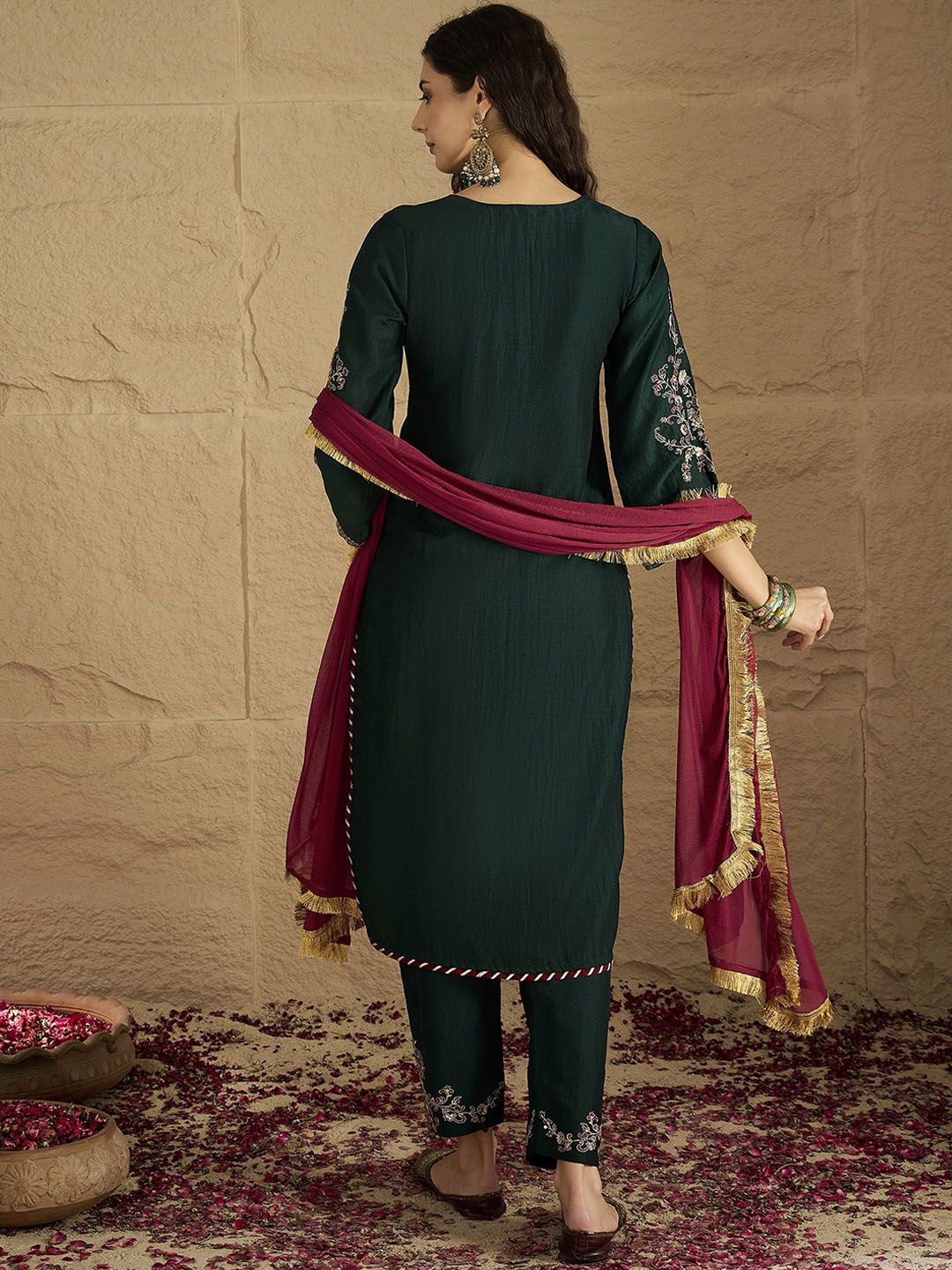 Indyancart VA Women'sFloral Yoke Design Straight Kurta With Trousers & Dupatta