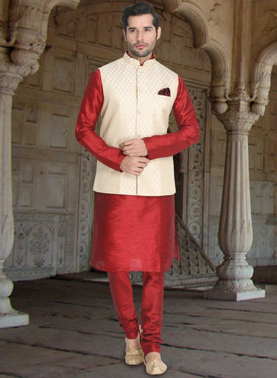 Men's Maroon Silk Blend Straight Jacket  Kurta and Pyjama Set