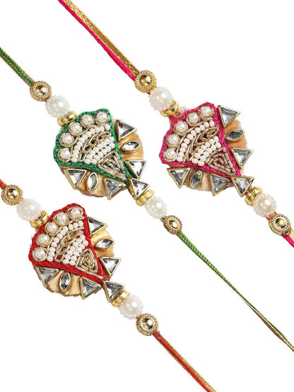 Anouk Red Set Of 3 Beaded & Embellished Thread Rakhi With Roli Chawal & Greeting Card