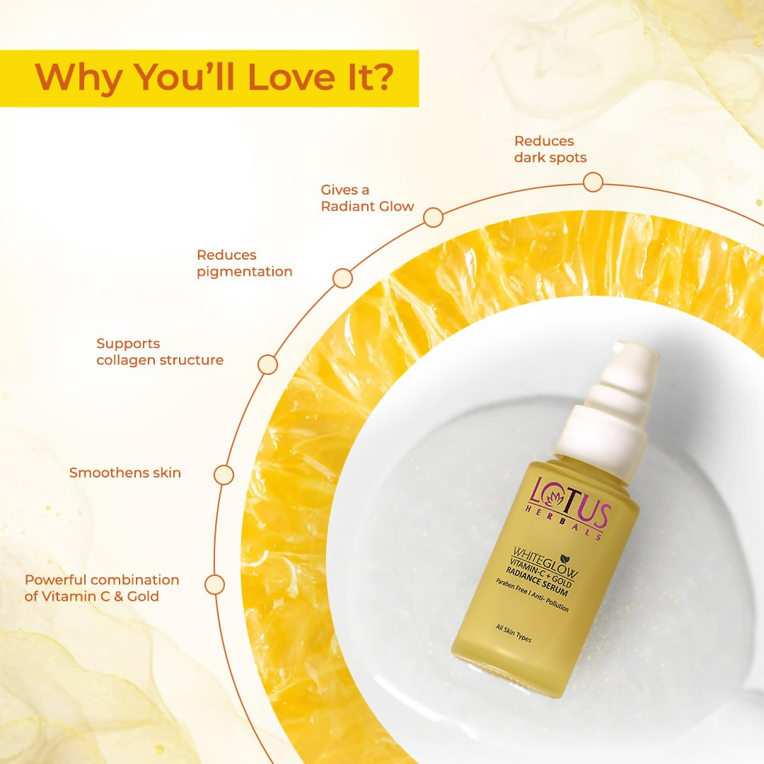 Lotus Herbals WhiteGlow Vitamin C and Gold Radiance Face Serum bottle with dropper for glowing skin, part of the serums and essence collection.