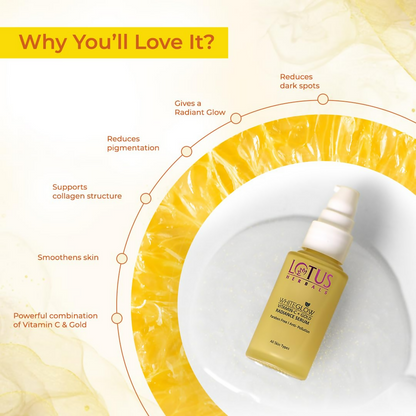 Lotus Herbals WhiteGlow Vitamin C and Gold Radiance Face Serum bottle with dropper for glowing skin, part of the serums and essence collection.