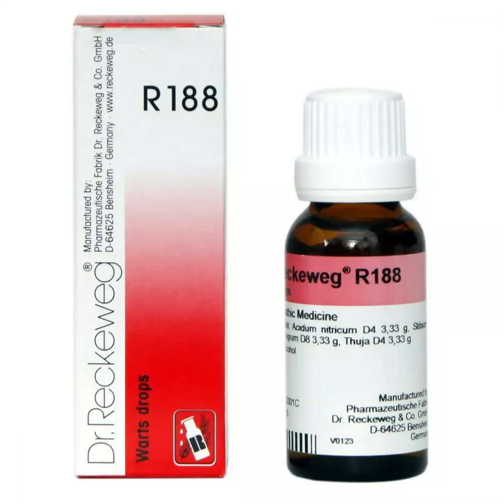 Dr. Reckeweg R188 Warts Drops in a small glass bottle with dropper, homeopathy remedy for wart treatment, labeled with product details.