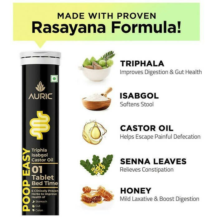 Auric Poop Easy Ayurvedic effervescent tablets in a glass with tablets and a lemon slice, promoting digestive health and wellness.