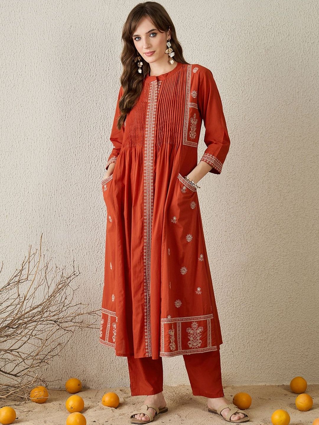 Women Ethnic Motifs Embroidered A-Line Cotton Kurta With Trousers