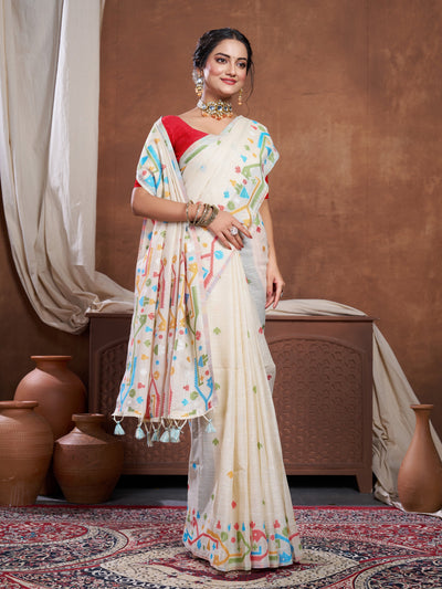 Indyancart GR Women's Ekaya Cream Linen Jamdani Saree
