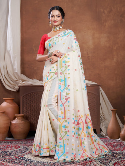 Indyancart GR Women's Ekaya Cream Linen Jamdani Saree