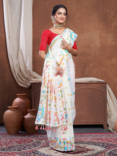 Indyancart GR Women's Ekaya White Linen Jamdani Saree
