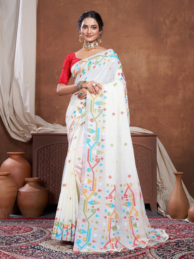 Indyancart GR Women's Ekaya White Linen Jamdani Saree