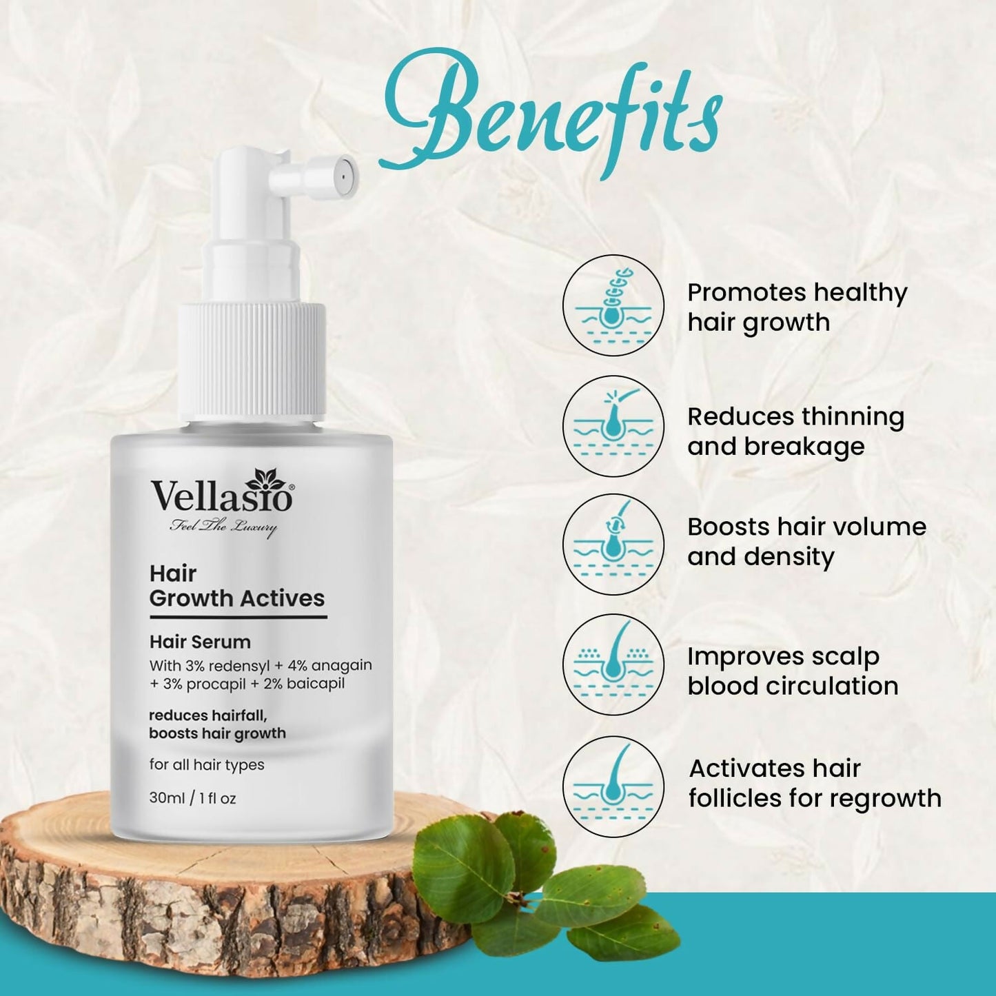 Vellasio Hair Growth Serum with Redensyl, Anagain, Procaoil, and Baicapil for thicker, healthier hair.