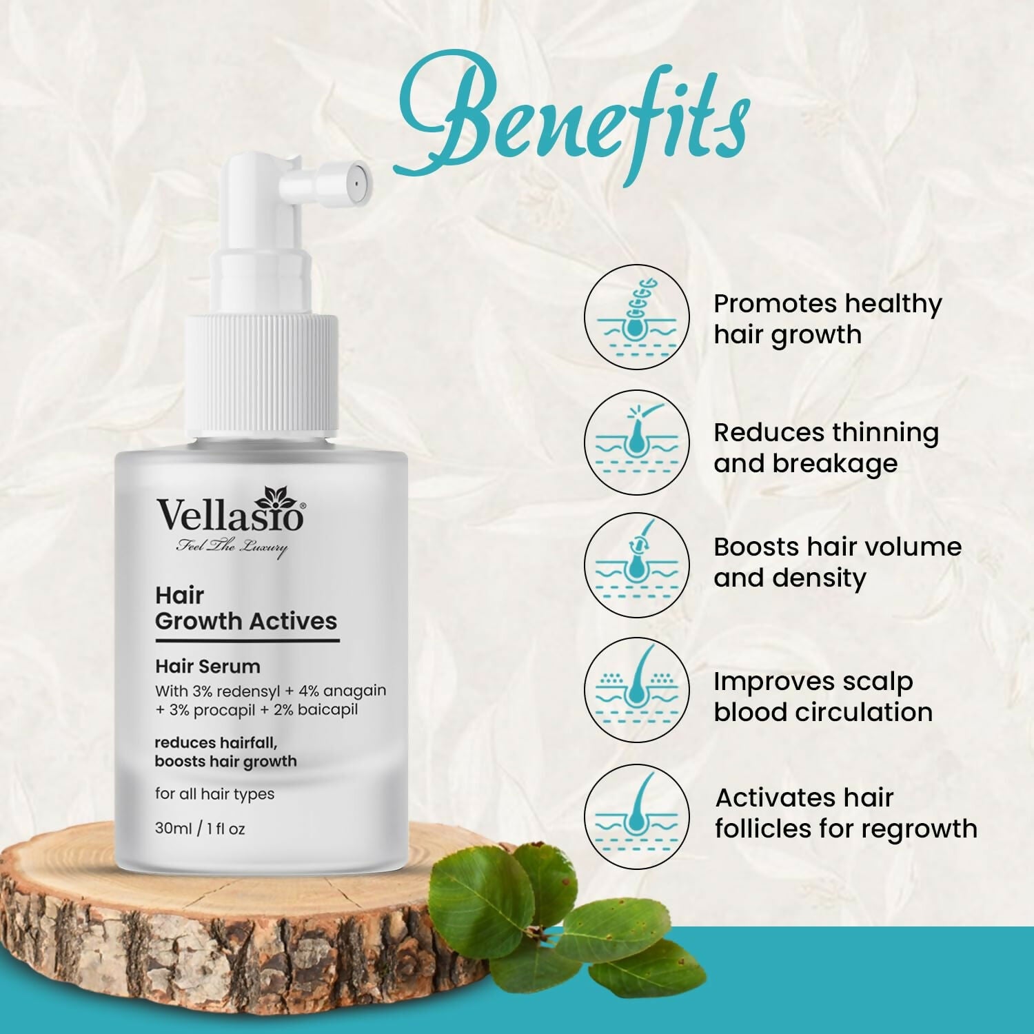 Vellasio Hair Growth Serum with Redensyl, Anagain, Procaoil, and Baicapil for thicker, healthier hair.